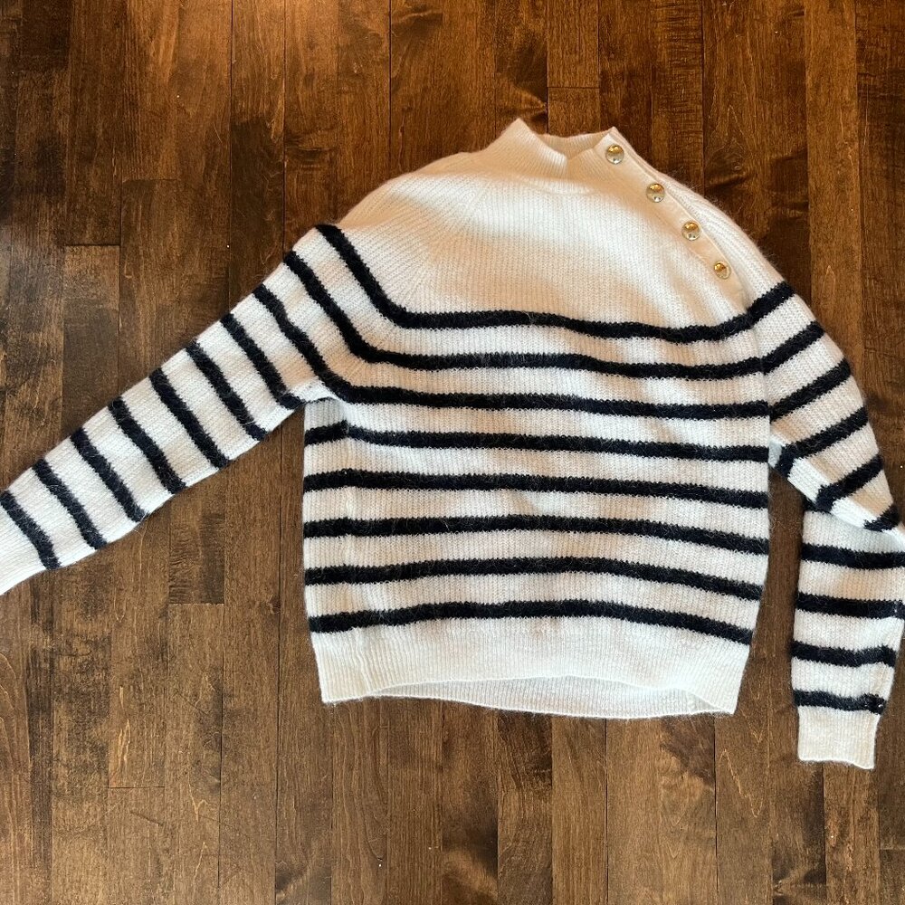 Sezane Navy and Cream Striped Mohair Blend Sweater